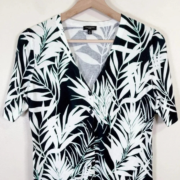 Talbots Tropical Leaf Fern Short Sleeve Button Sweater - Picture 5 of 16